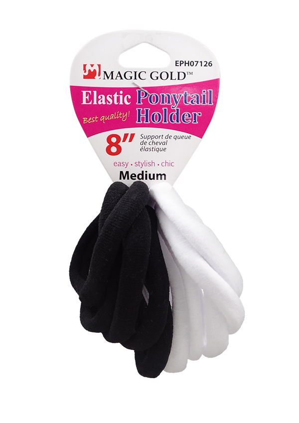 Magic Gold Ponytail Holder-Elastic (8")-Black & White #EPH07126-dz