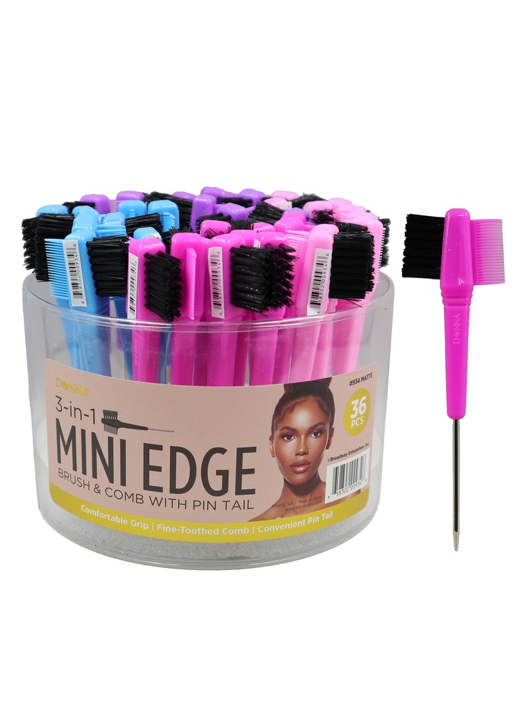 Donna 3 In1 Mini Edge Brush & Comb With Pin Tail -Matte Asst (36 pc/Jar) #934 -Jar
