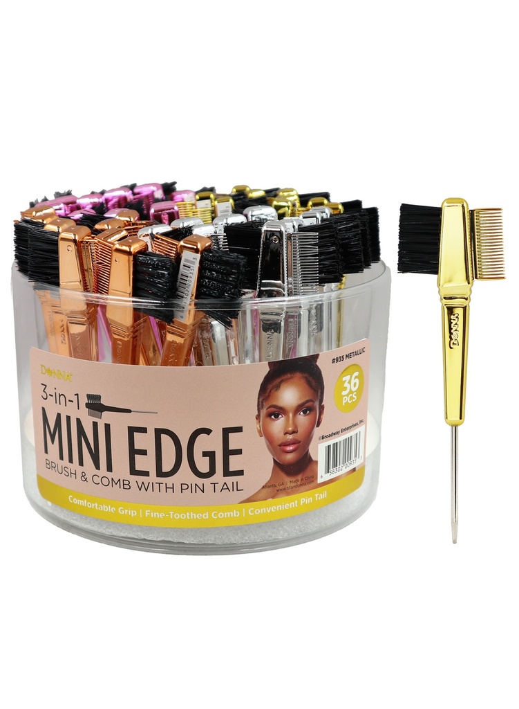 Donna 3 In1 Mini Edge Brush & Comb With Pin Tail -MetalicAsst (36 pc/Jar) #935 -Jar