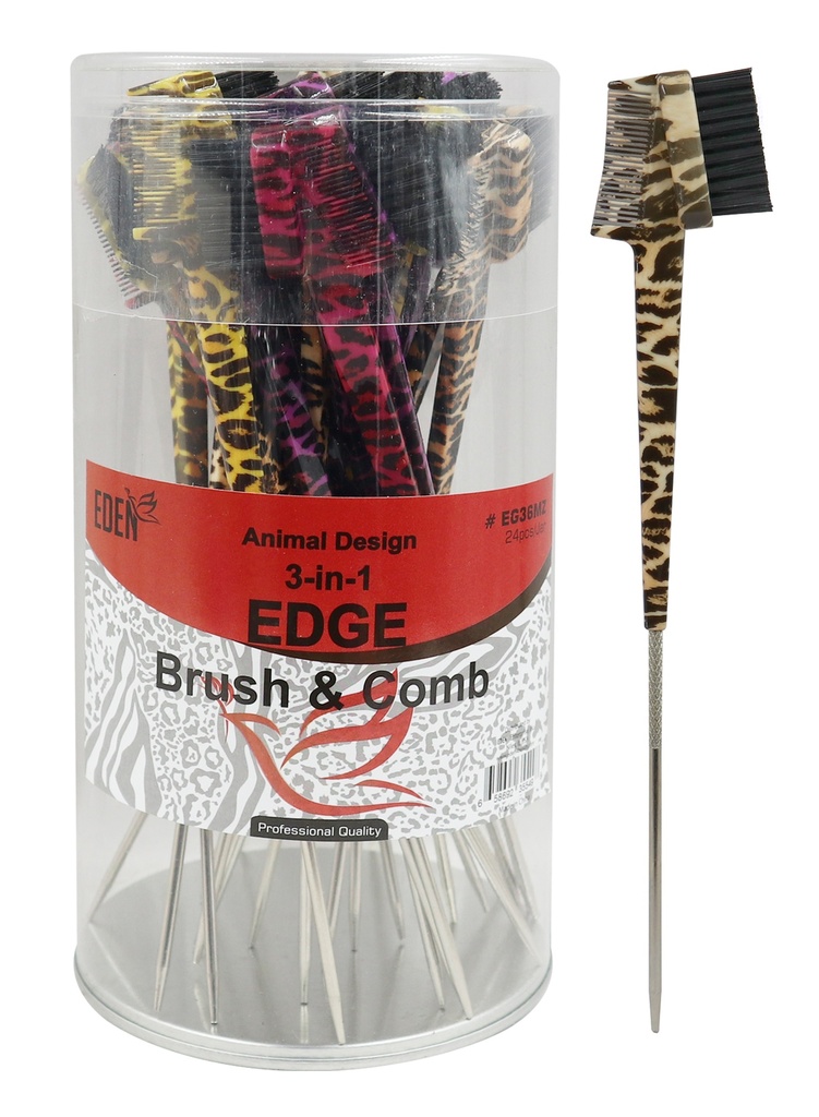 Eden 3-In-1 Edge Brush & Comb #EG36MZ Leopard (24 pcs/Jar) -Jar