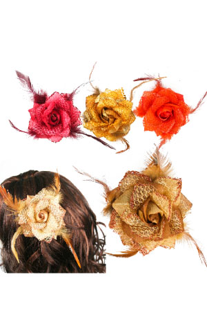 [MG30137] Flower Hair Clip 3in1 [Flower] #3013 ASST (with Feather) -dz