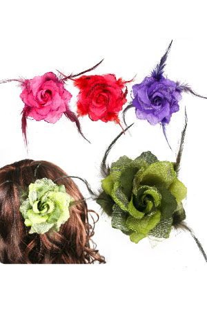 [MG30144] Flower Hair Clip 3in1 [Flower] #3014 ASST (w/ Feather) -dz