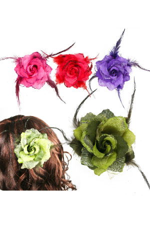 [MG30144] Flower Hair Clip 3in1 [Flower] #3014 ASST (with Feather) - dz